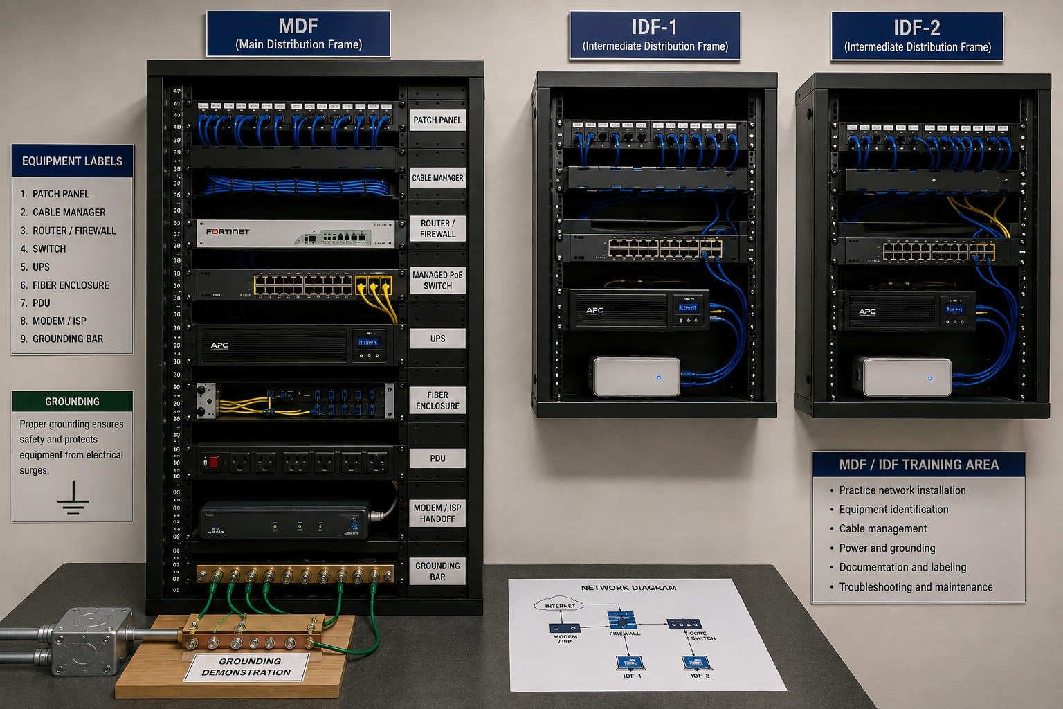 MDF and IDF rack room with patch panels and switches