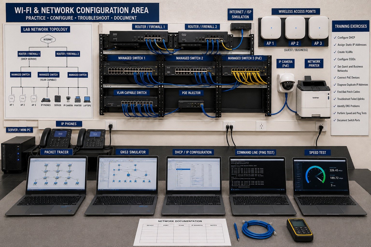 Wi-Fi and network configuration bench with routers, switches and access points